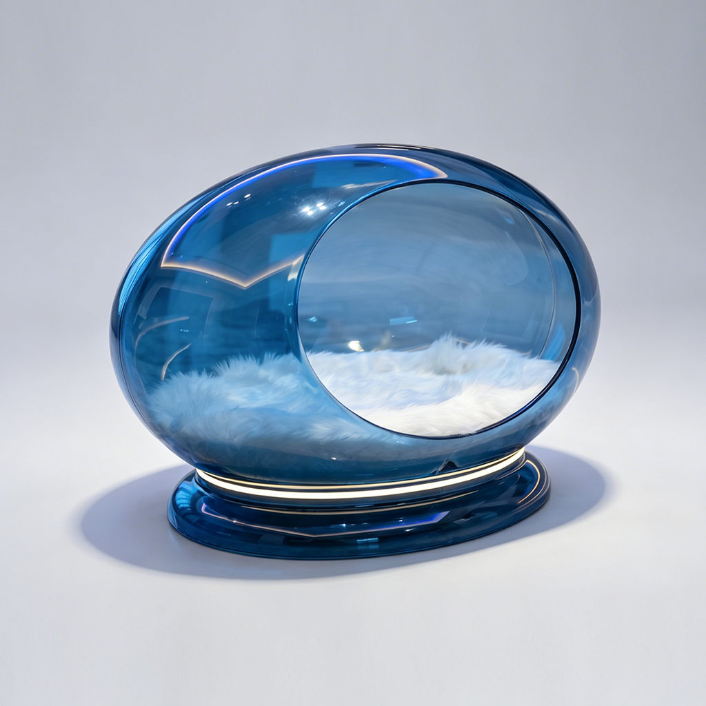 Cobalt Blue Acrylic Space Capsule Bed, High-gloss Tinted Lucite Pet Nest