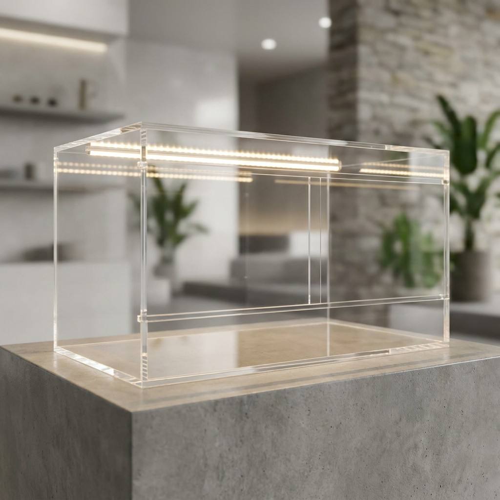 Commercial grade acrylic reptile display tank with integrated smart LED lighting system, high transparency seamless bonding for premium retail display.