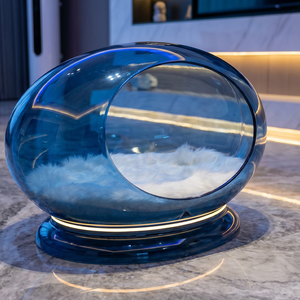 Deep Blue Transparent Pet Pod, Thermoformed Smooth Surface, Luxury Pet Decor