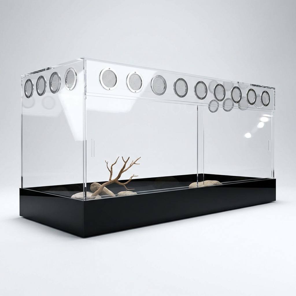 High-end acrylic reptile display case for commercial showroom, integrated LED lighting for retail store promotion.