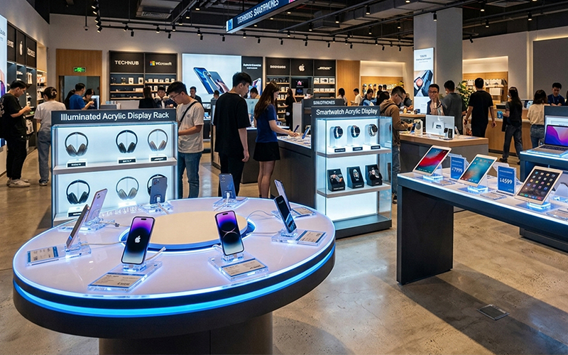 High-end electronics retail store featuring illuminated acrylic display racks for headphones and smartwatches, bespoke shopfitting solutions by professional OEM manufacturer.