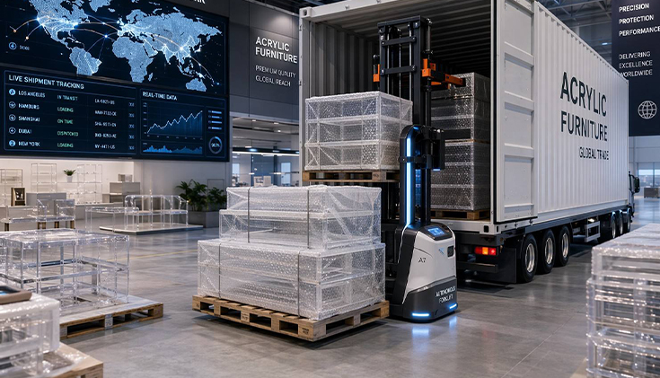 High-tech industrial warehouse showing palletized acrylic furniture being loaded into a shipping container for global cross-border export.