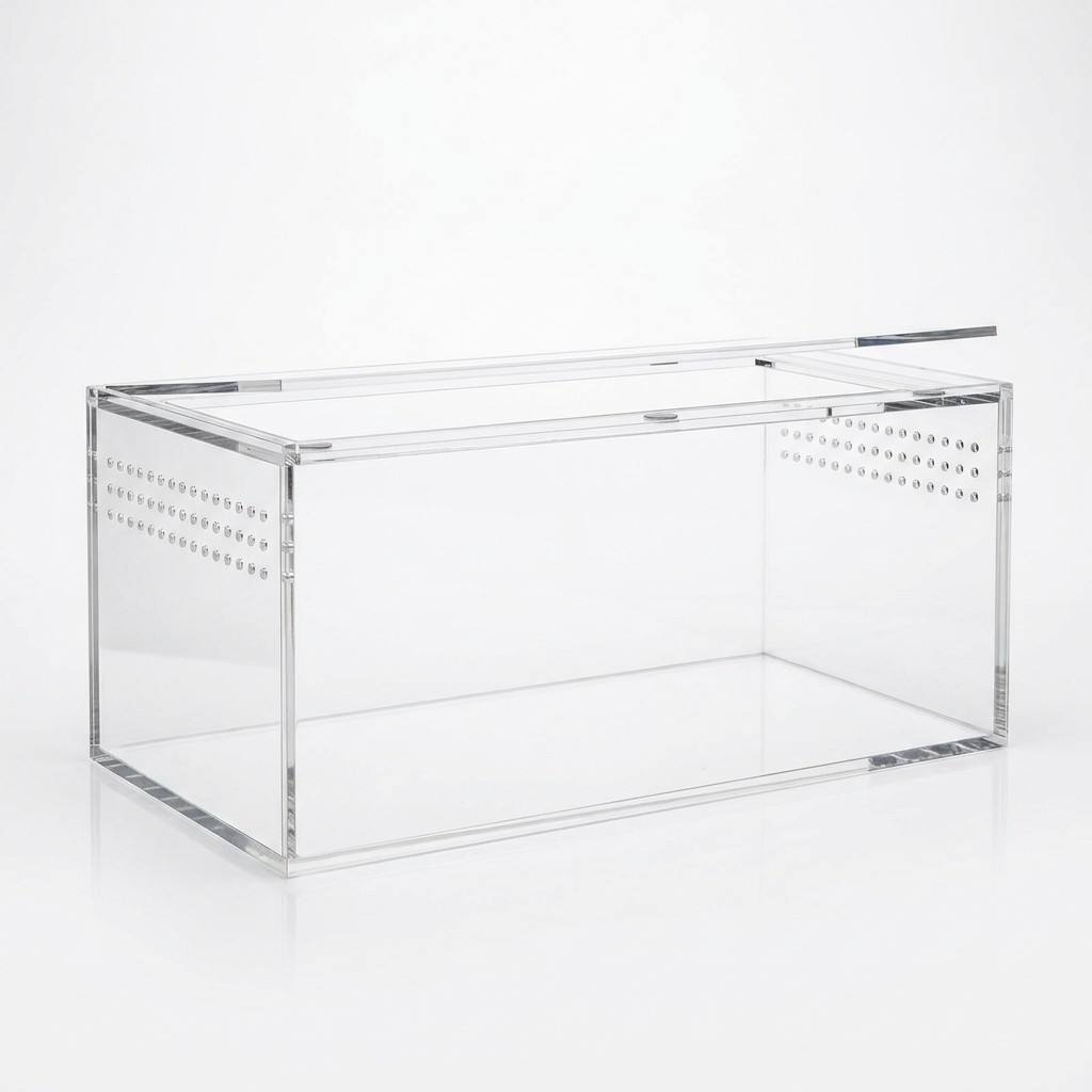 High transparency acrylic reptile tank with magnetic lid, side ventilation holes, stackable design for space-saving.