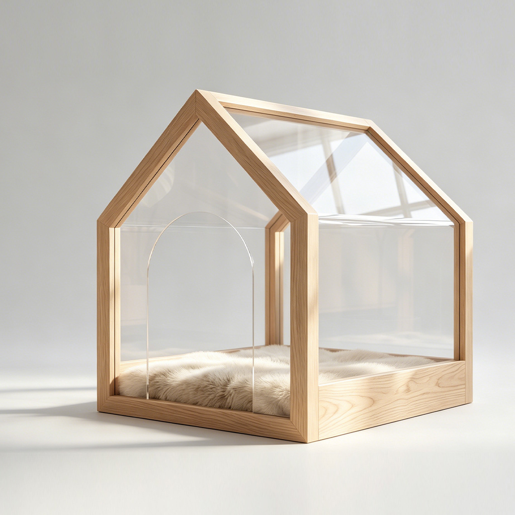 House-shaped Acrylic Pet Bed with Light Wood Frame, Sustainable Design
