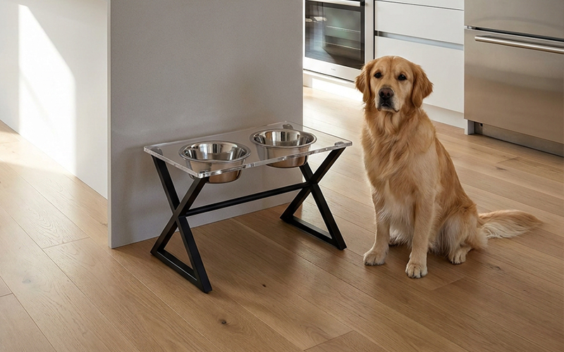 Industrial style X-shaped black metal elevated pet feeder with acrylic top and stainless steel bowls next to a golden retriever.