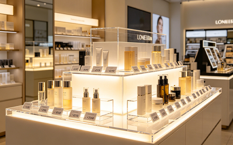 LED-Integrated Multi-tier Acrylic Cosmetic Display Counter, Backlit Branded Showcase