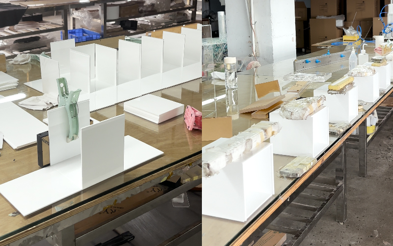 Manual solvent bonding assembly for high-end opaque white acrylic boxes