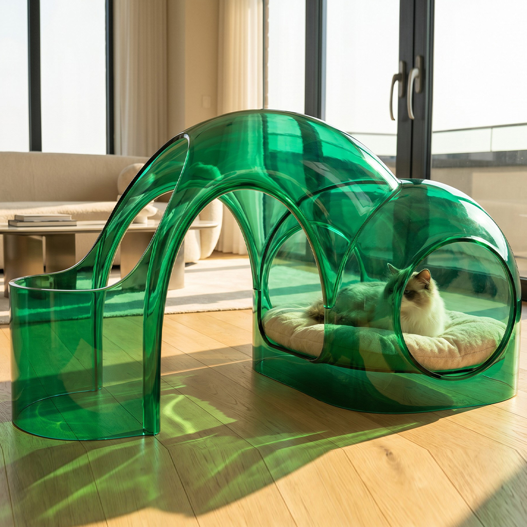 Modern Arched Green Acrylic Cat Tunnel Bed, Vibrant Tinted Pet Nest, Factory OEM