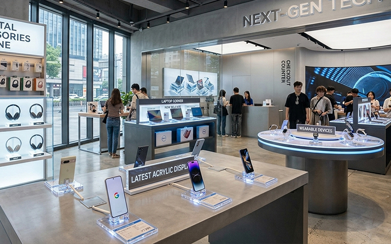 Modern tech retail store with high-clarity acrylic display solutions for mobile phones, laptops, and wearables, bespoke commercial shopfitting by leading lucite furniture OEM factory