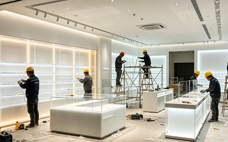 On-site Installation of Large-scale Acrylic Retail Counters, Factory Project Management