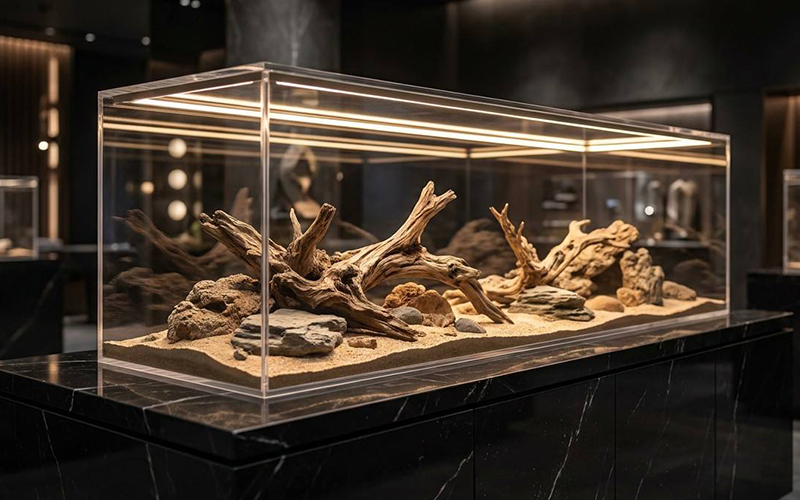 Premium thick acrylic large horizontal reptile terrarium with black base and sliding front doors, HD display view.