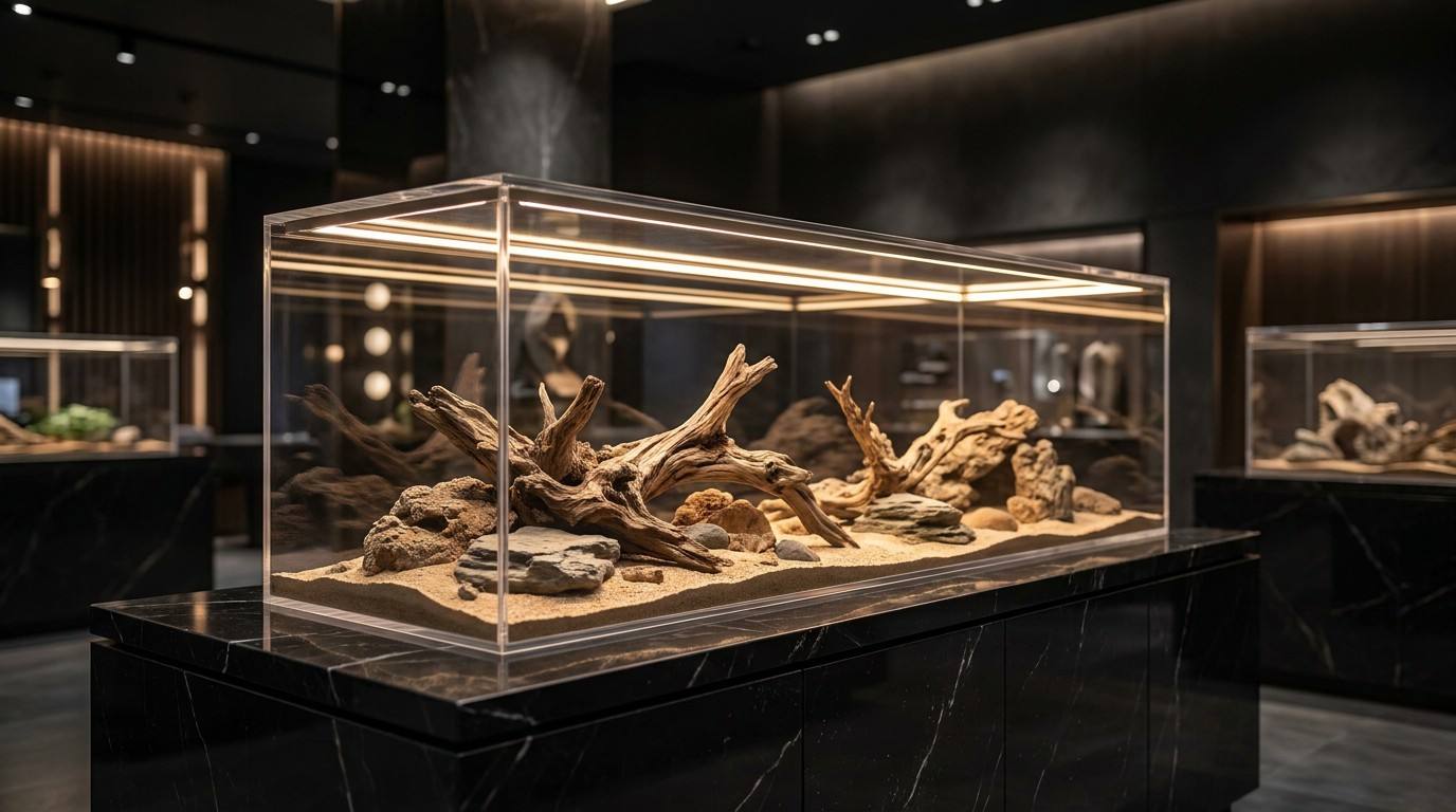 Premium thick acrylic large horizontal reptile terrarium with black base and sliding front doors, HD display view.