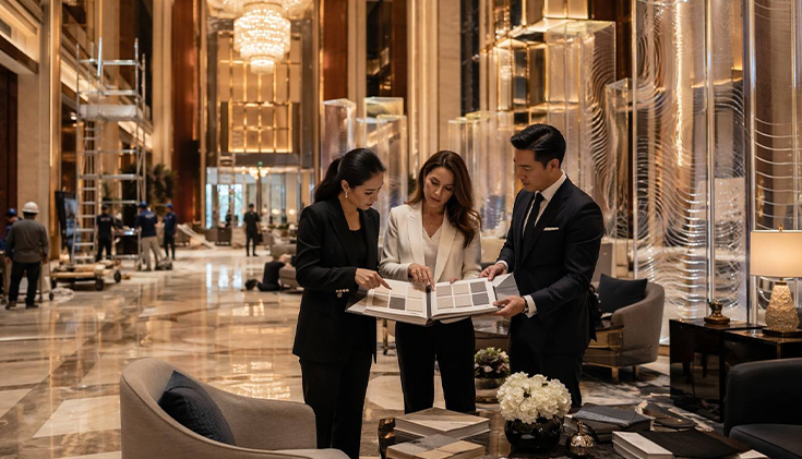 Professional interior designers coordinating custom large-scale acrylic partitions and bespoke furniture for a luxury commercial hotel project.