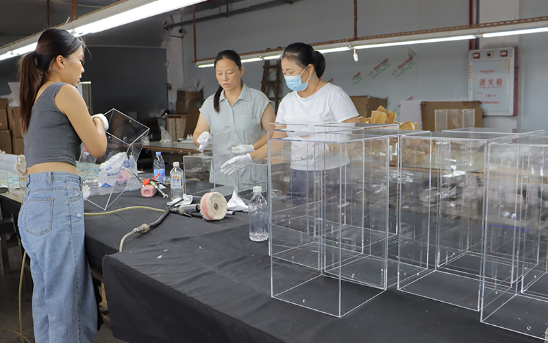 Skilled Technicians Inspecting Acrylic Products, Professional QC Workshop