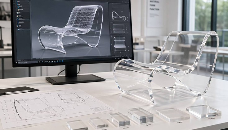 Sophisticated furniture design workstation with 3D CAD rendering and a high-precision curved acrylic chair prototype in a minimalist studio.