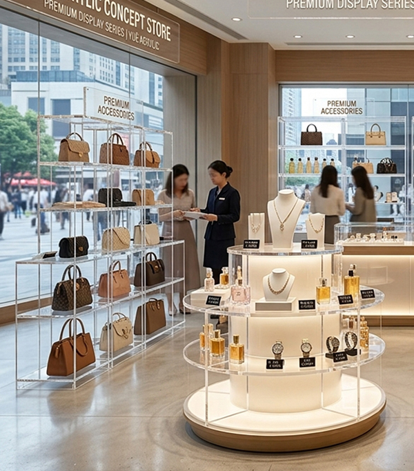 Transparent acrylic handbag jewelry display shelf for retail boutique