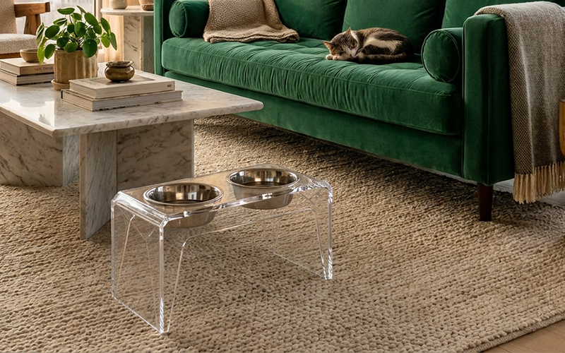 Transparent elevated dog bowl stand, clear acrylic pet feeder with non-slip stainless steel bowls for cats and dogs.