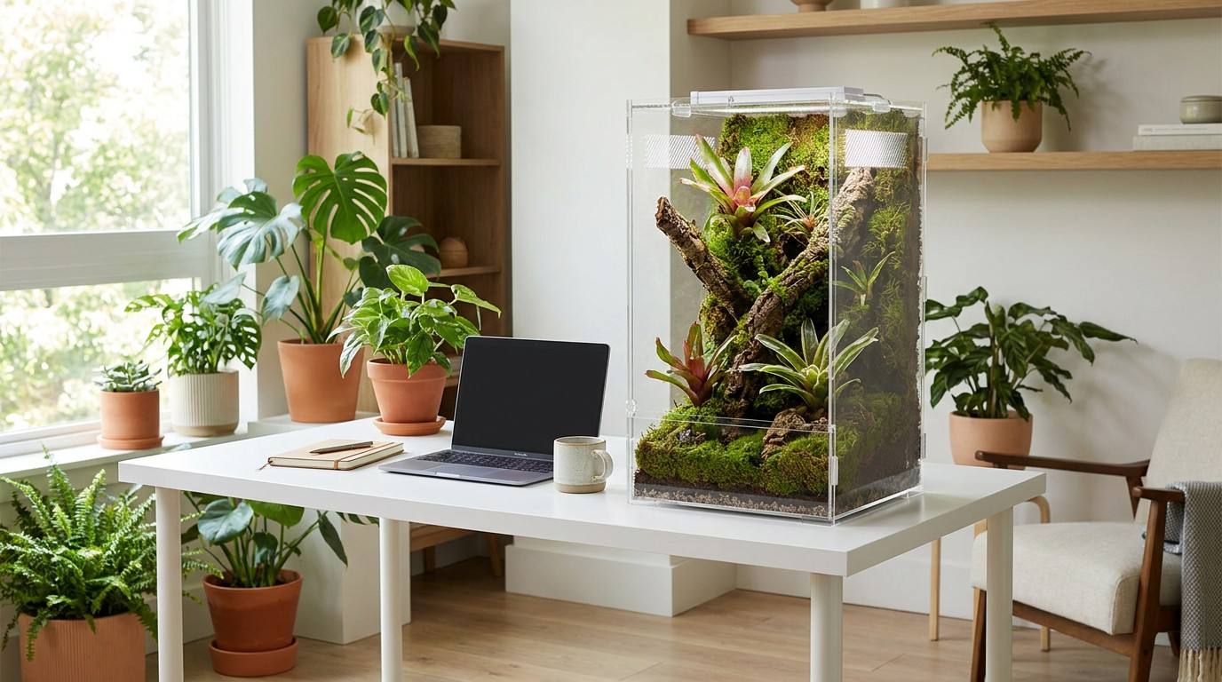 Vertical arboreal acrylic reptile tank on office desk, modern workspace decor with indoor plants and high-clarity enclosure.