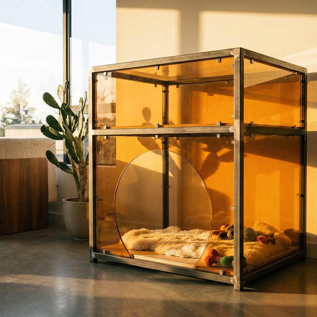 Warm Amber Acrylic Pet Kennel in Sunlight, UV-Resistant Non-fading Acrylic