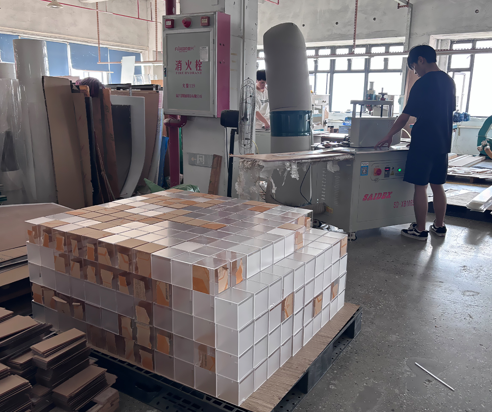 Batch Production of Clear Acrylic Cubes and Display Box Components on a Factory Pallet