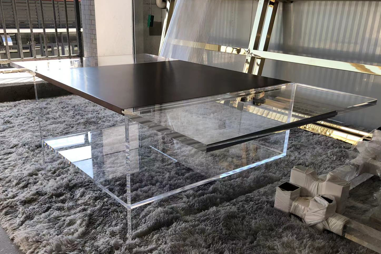 Clear Acrylic Coffee Table with Rectangular Dark Top for Custom Hospitality and Contract Furniture