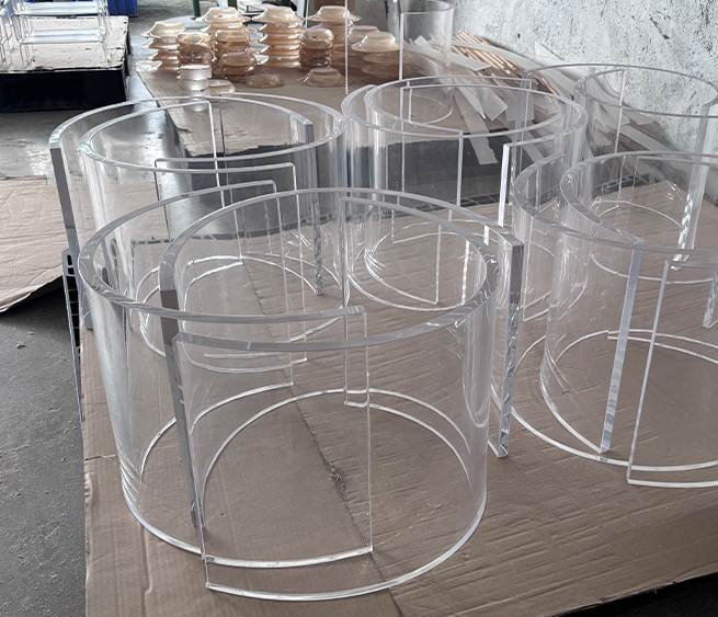 Clear Acrylic Cylindrical Furniture Components Prepared for Custom Display and Table Manufacturing