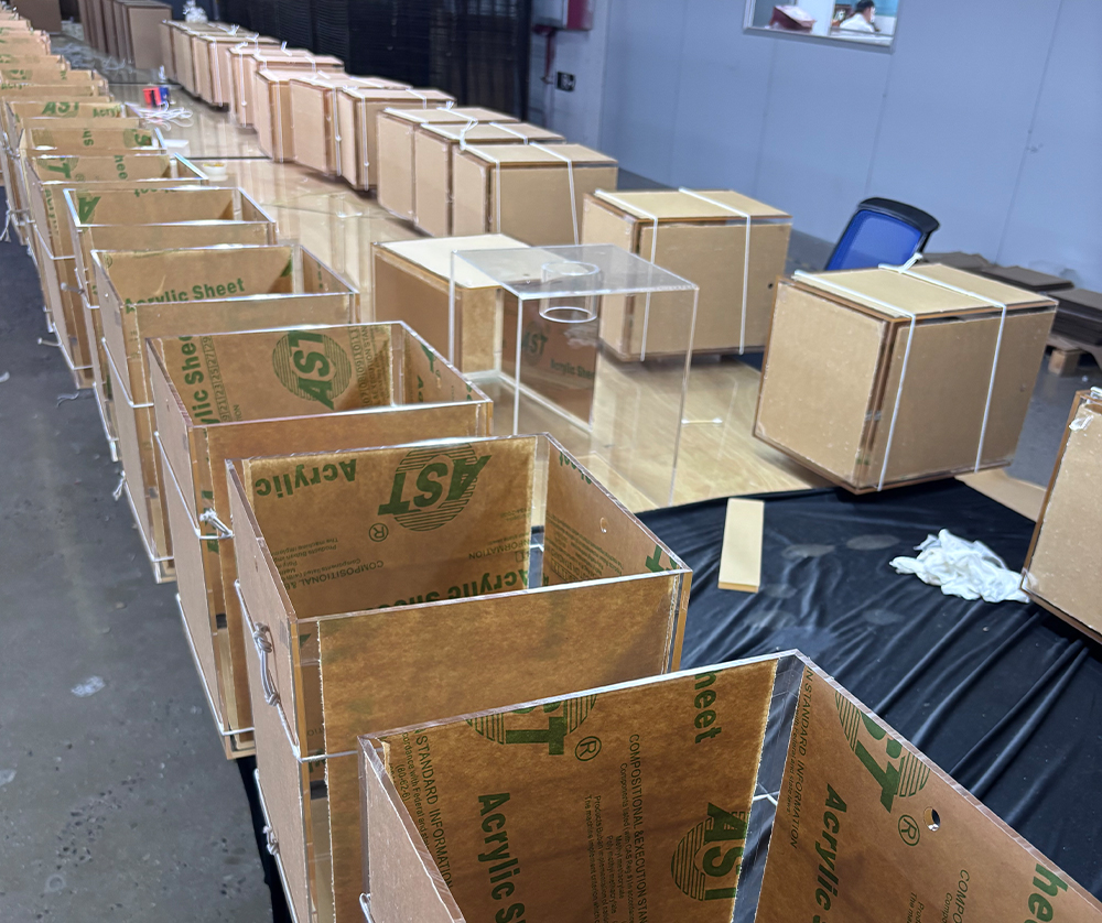 Clear Acrylic Display Boxes with Kraft Paper Protection Ready for Assembly