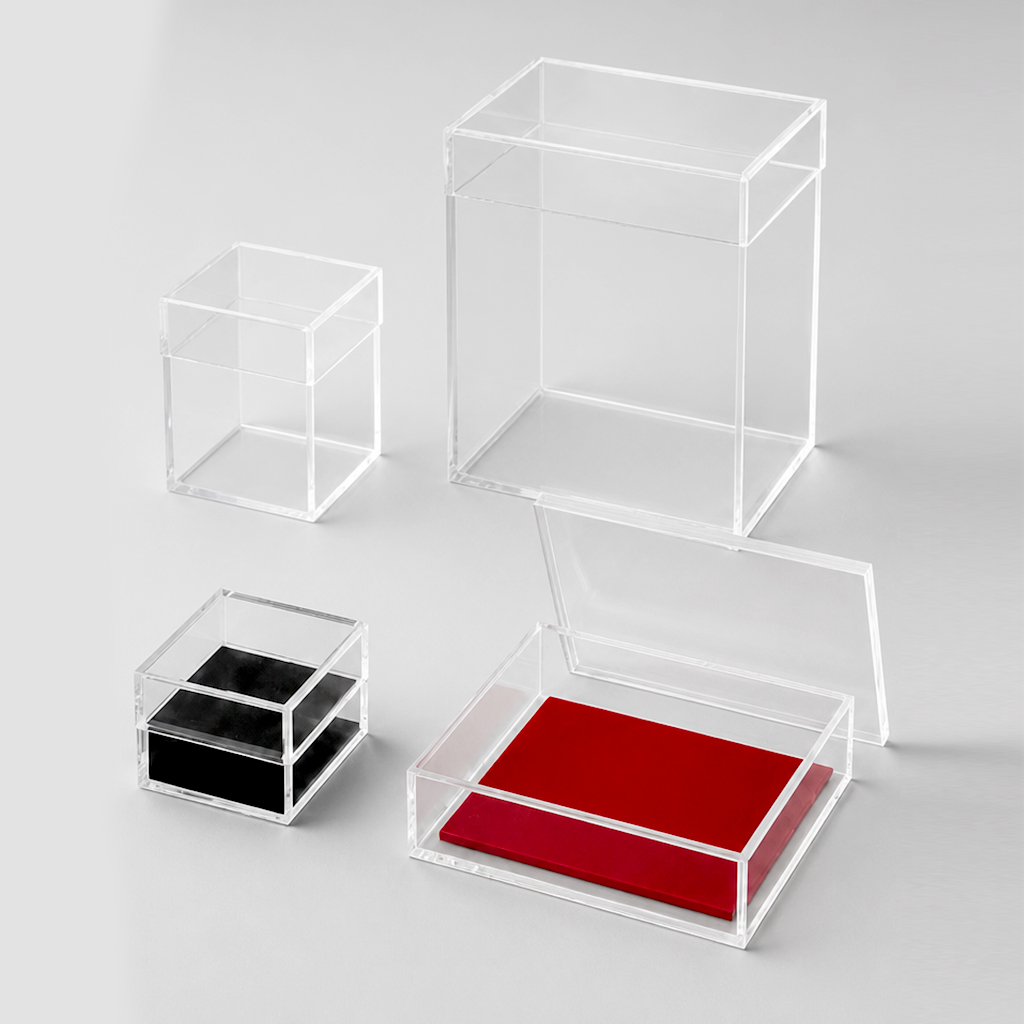 Clear Acrylic Display Cubes in Multiple Sizes for Jewelry, Watches, Collectibles, and Luxury Products.