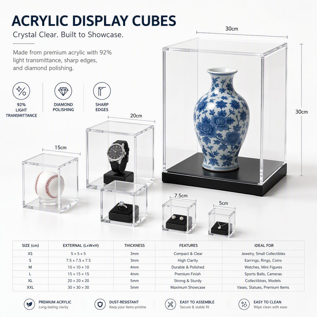 Clear Acrylic Display Cubes in Multiple Sizes for Jewelry, Watches, Collectibles, and Luxury Products