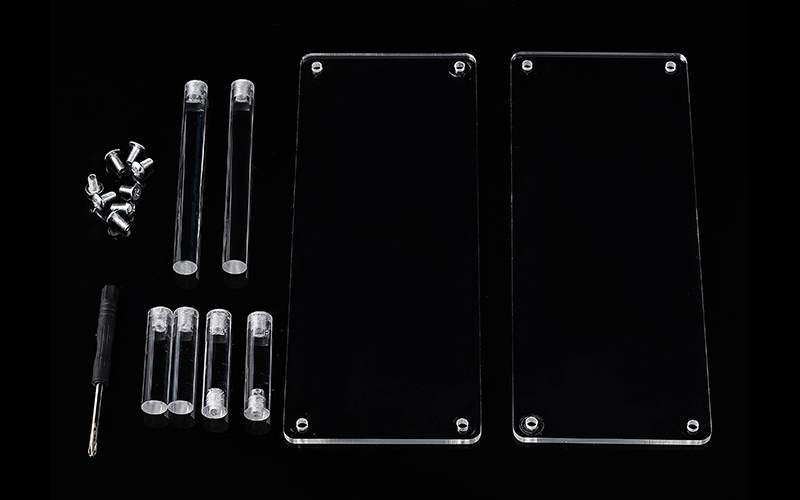 Clear Acrylic Display Stand Parts with Pre-drilled Panels, Cylindrical Supports, Metal Screws, and Assembly Tool