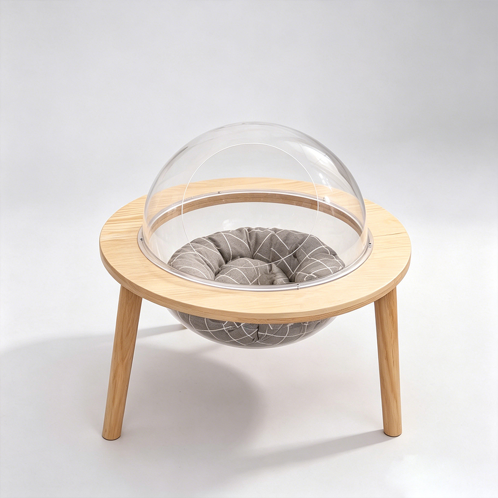Clear Acrylic Dome Cat Bed with Wooden Ring Base, Minimalist Pet Lounge