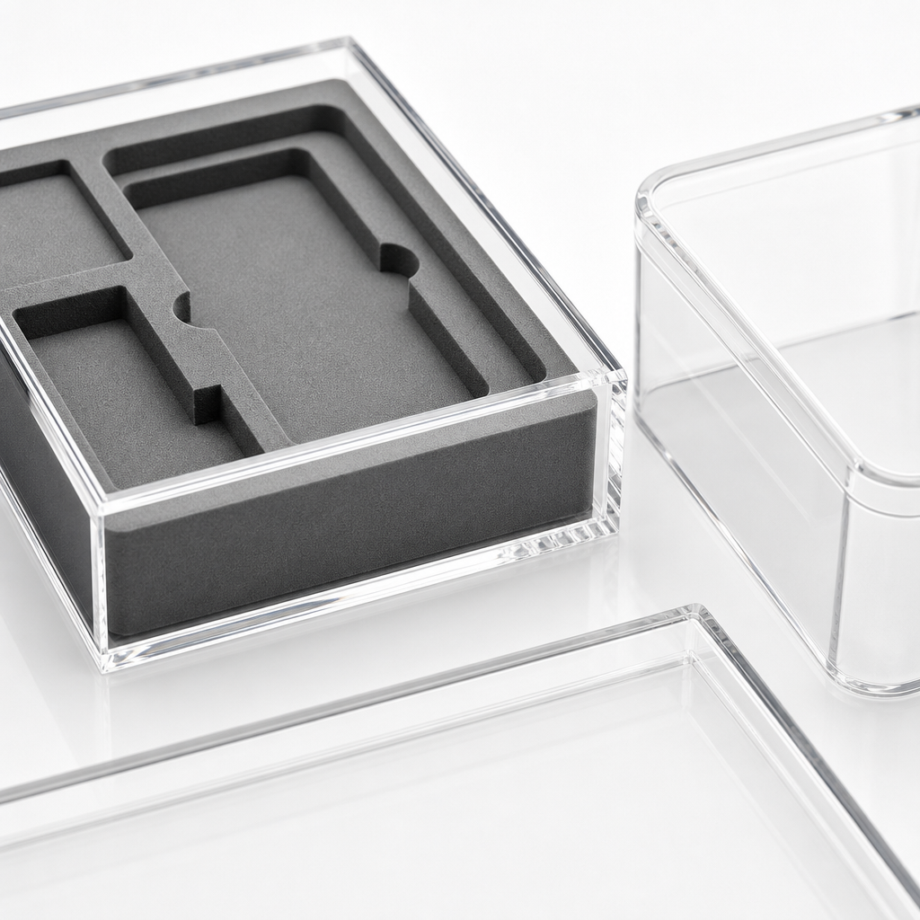 Clear Acrylic Presentation Box with Custom Foam Insert and Rounded-edge Display Case