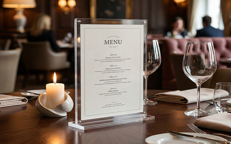 Clear Acrylic Restaurant Menu Holder with Double Base Stand on Dining Table