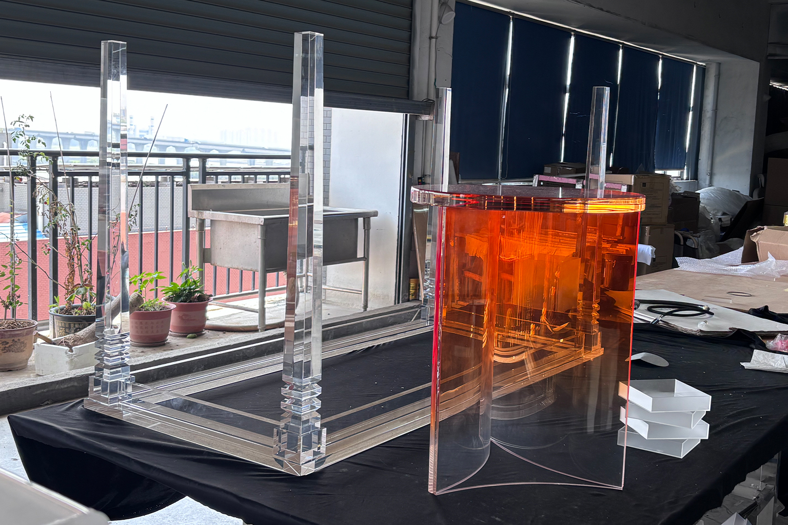 Clear Acrylic Table with Decorative Turned Legs and Amber Acrylic Side Table