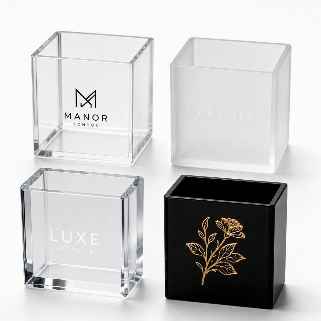 Clear, Frosted, and Black Acrylic Boxes with Custom Logo Printing