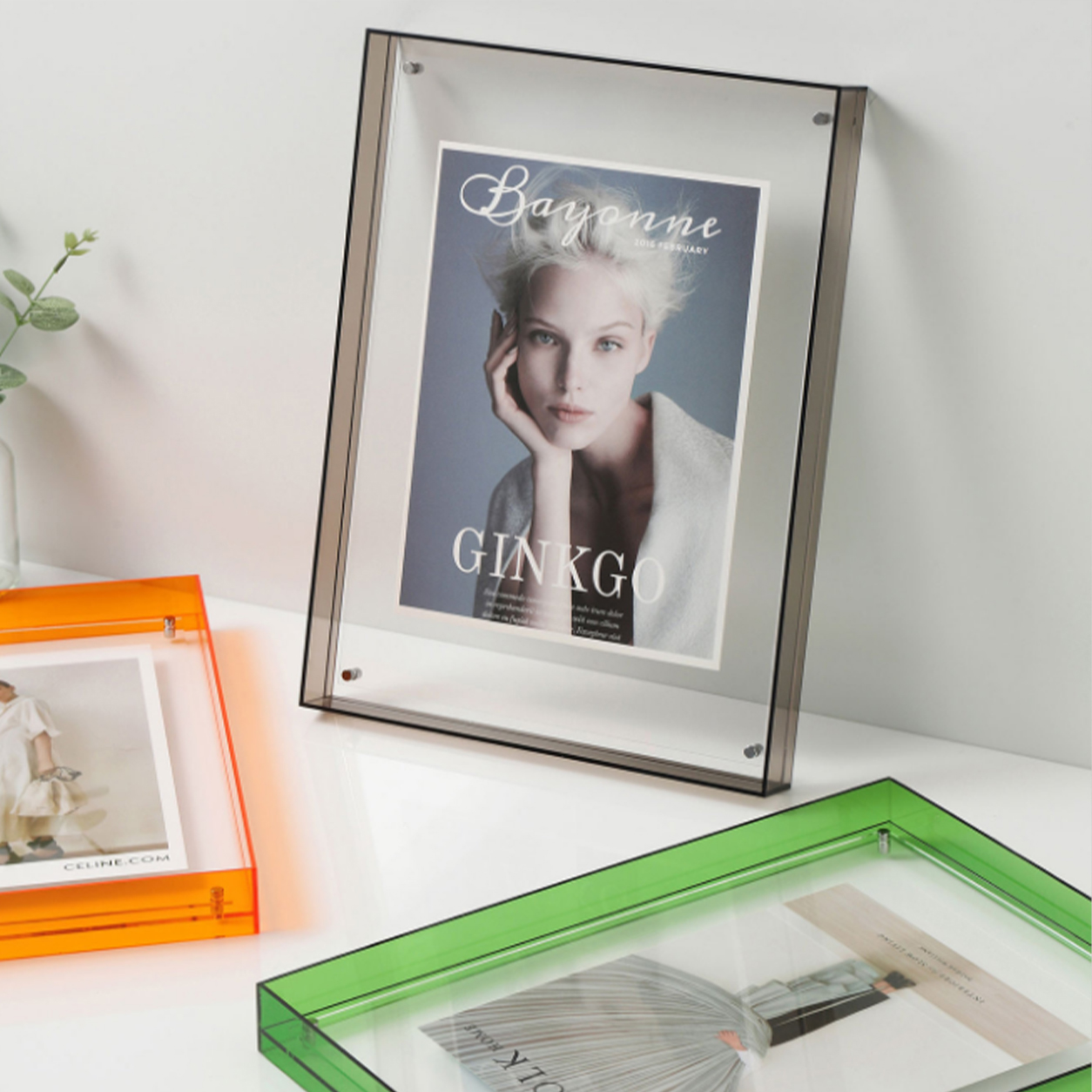 Clear acrylic picture frame with metal screw-posts displaying a fashion poster
