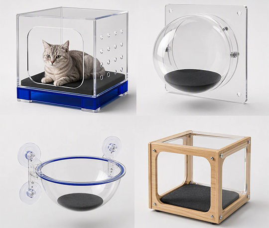 Custom Acrylic Cat Furniture Collection with Cat Enclosures, Wall-mounted Beds, and Window-mounted Pet Bowls