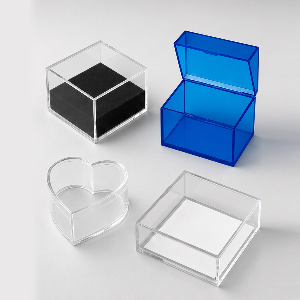 Custom Blue, Black, and Clear Acrylic Boxes with Hinged Lids and Metal Hardware