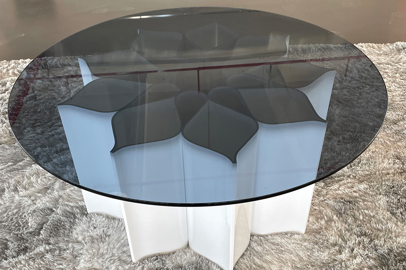 Custom Clear Acrylic Coffee Table with Smoked Glass Top and White Sculptural Base for Wholesale Furniture Supply