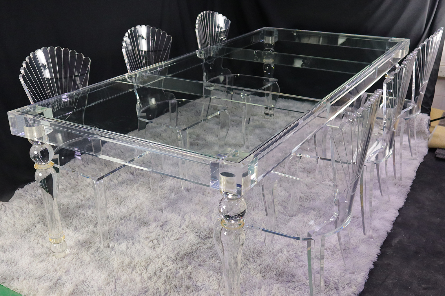 Custom Clear Acrylic Dining Table with Decorative Pedestal Legs for Contract Furniture Projects