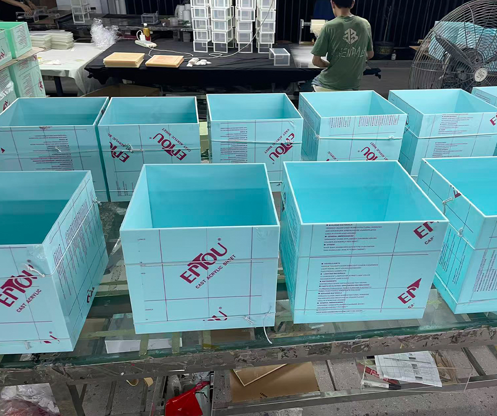 Custom Turquoise Acrylic Display Boxes with Protective Film and Printed Markings