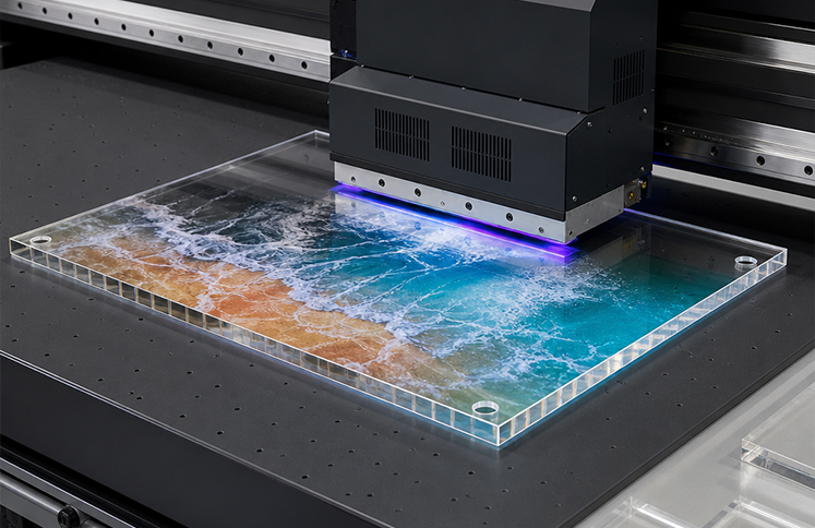 Custom UV printing on clear acrylic panels for colorful signs, artwork, and display products