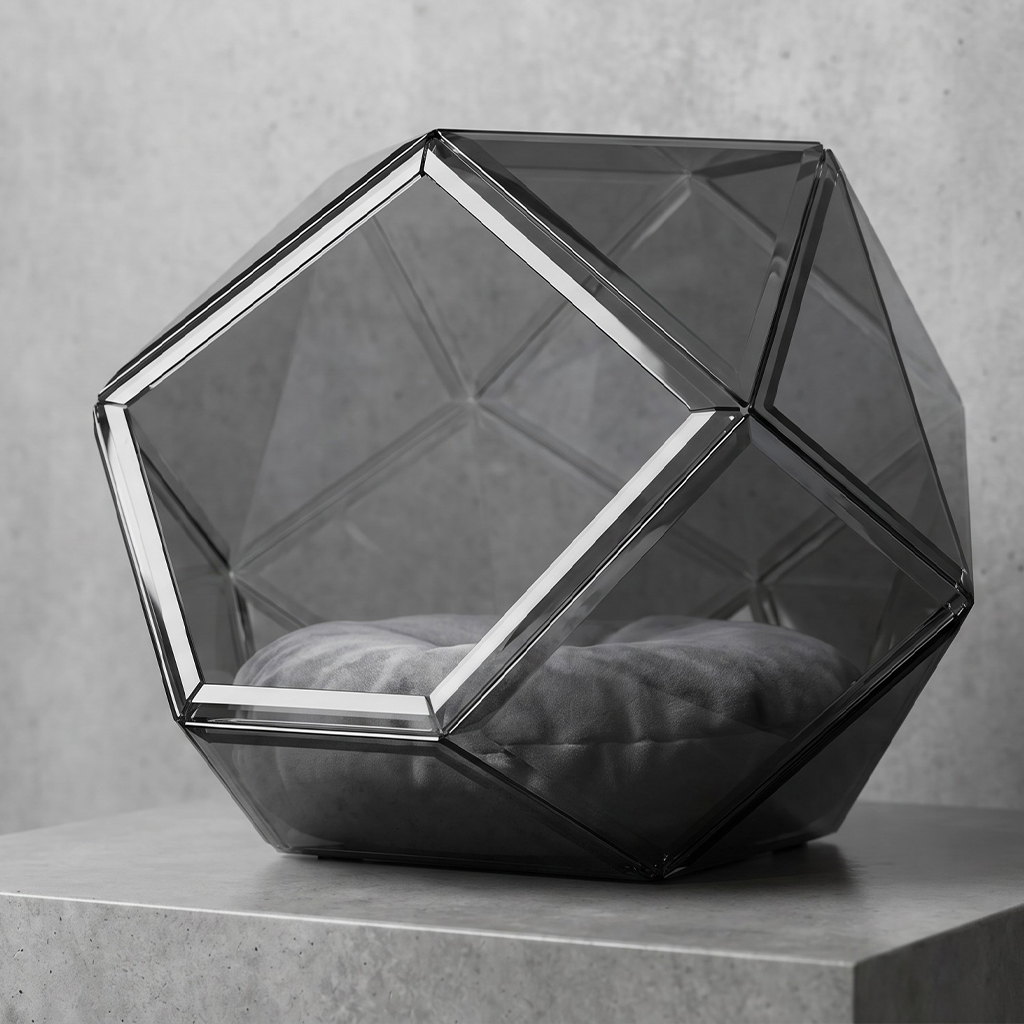 Diamond-cut Grey Acrylic Cat Nest, Precision CNC Machined, Sculptural Design