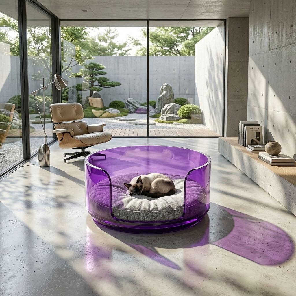 Elegant Purple Tinted Acrylic Cat Bed in Modern Interior, Custom Color