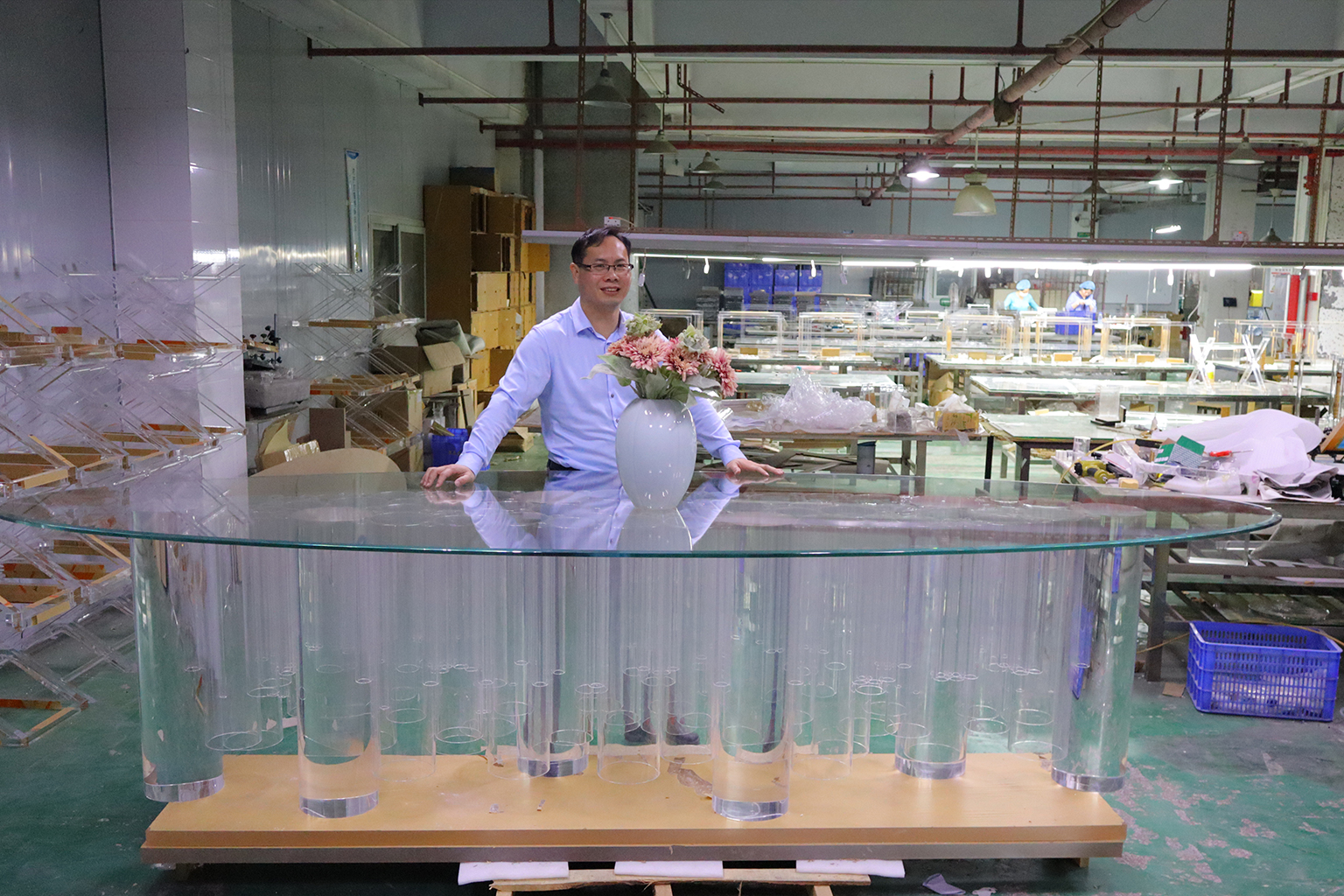 Large Custom Acrylic Dining Table Displayed in an OEM Furniture Manufacturing Workshop