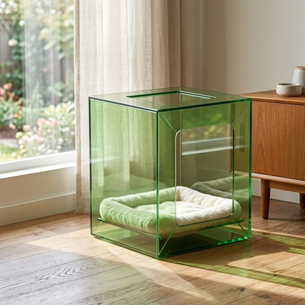 Luxury Green Acrylic Pet Kennel with Cushion, High-transparency Virgin MMA