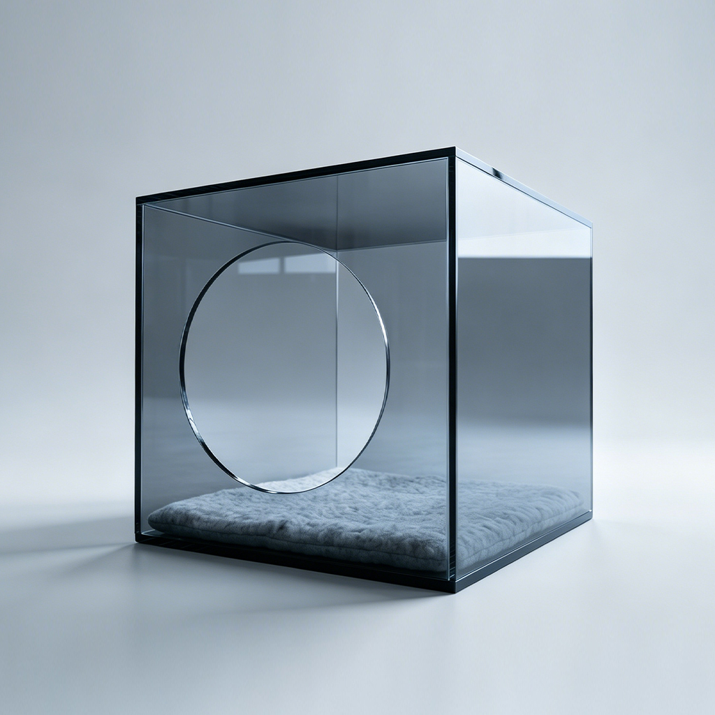 Smoke Grey Acrylic Cube Kennel, Octagonal Opening, Minimalist Industrial Style