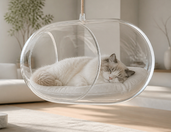 Transparent Hanging Acrylic Bubble Cat Bed with a Sleeping Cat