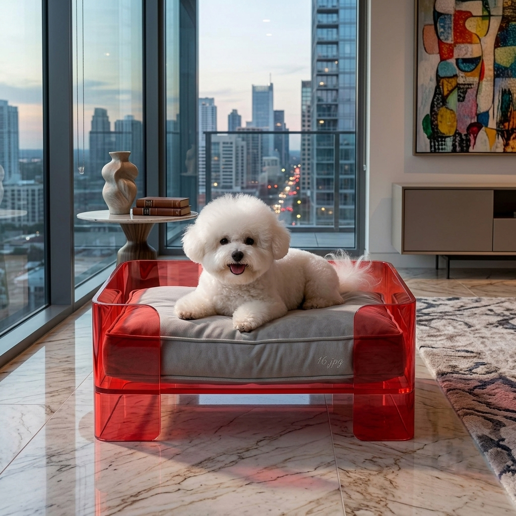 Vibrant Red Acrylic Dog Bed with Small Dog, High-impact Resistant, Custom Furniture