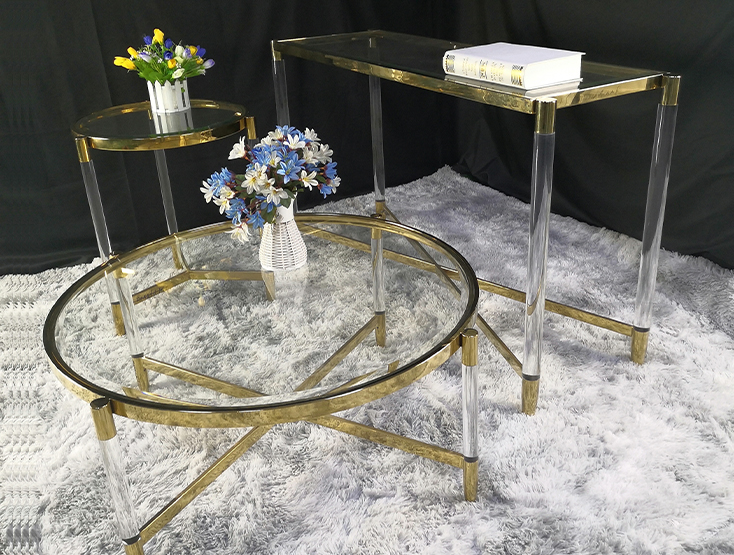 Wholesale Clear Acrylic and Gold Metal Coffee Table Set for Hospitality and Commercial Furniture Projects